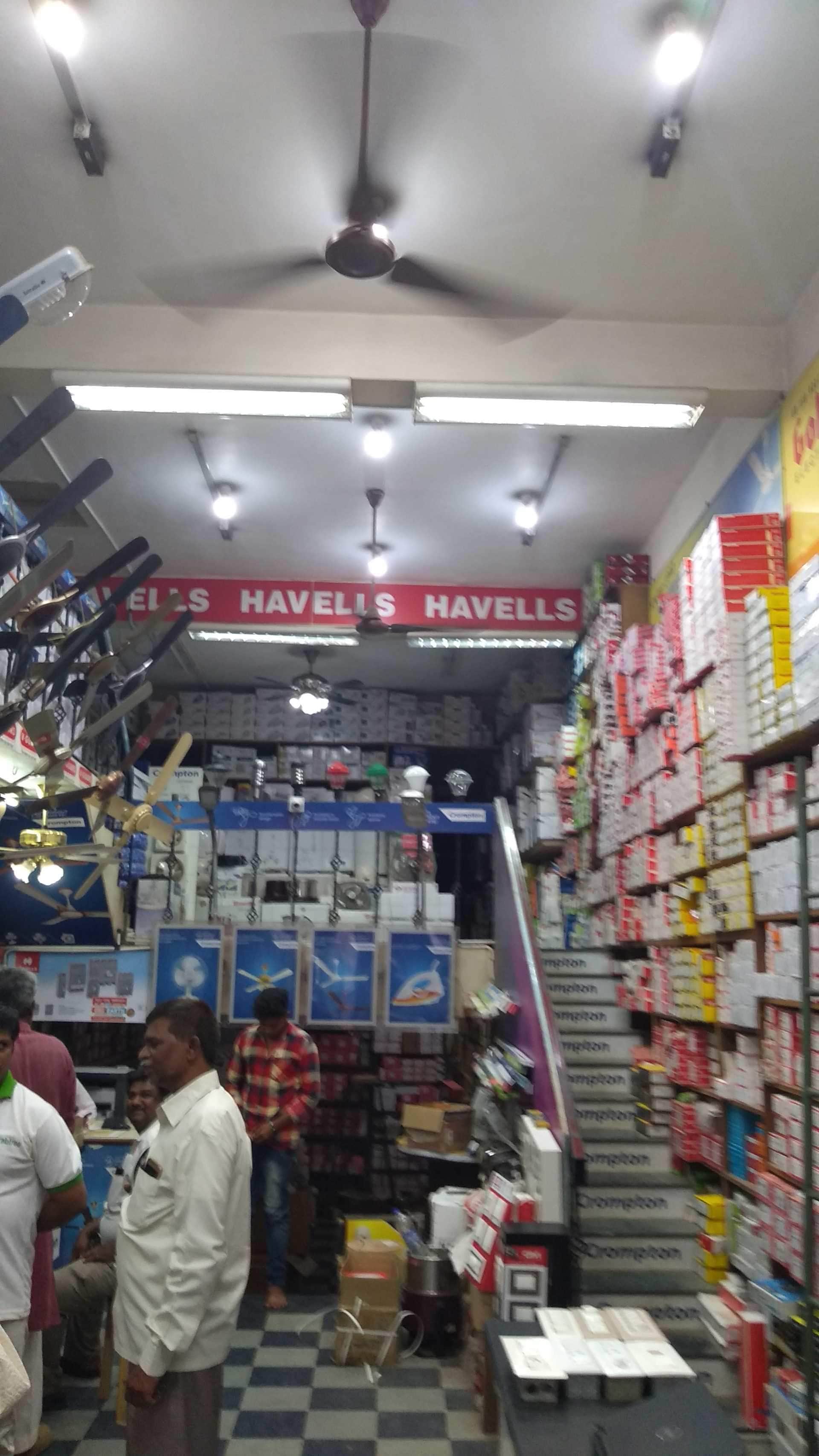Inside the Kalipet store — ceiling fans on display beneath Havells signage